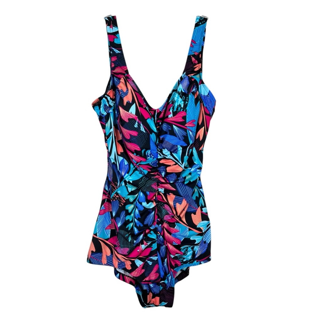 Maxine of Hollywood Colorful Floral Ruched Front One Piece Swimsuit Plus Size 16
